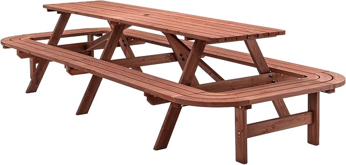 121'' Large Outdoor Dining Table, Rectangular Wooden Patio Dining Table & 2 Built-in Bench for 16, 2" Umbrella Hole, Suitable for Backyard Garden Porch, Brown