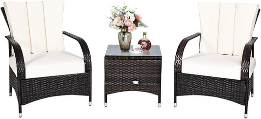Tangkula 3-Piece Patio Conversation Set, Ourdoor Wicker Furniture Set, Rattan Coffee Table & Chairs Set with Cushions, Outdoor Conversation Set for Garden Balcony Backyard (Cream)