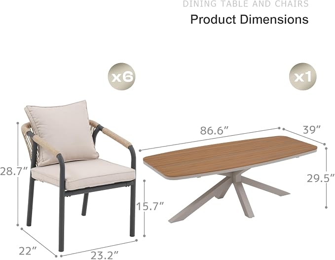 SUNSITT 7 Piece Outdoor Patio Dining Set, Patio Dining Furniture Set with 87” Aluminum Dining Table w/X Base Legs and 6 Woven Wicker Patio Chairs w/Curved Backrest for Garden, Flaxen