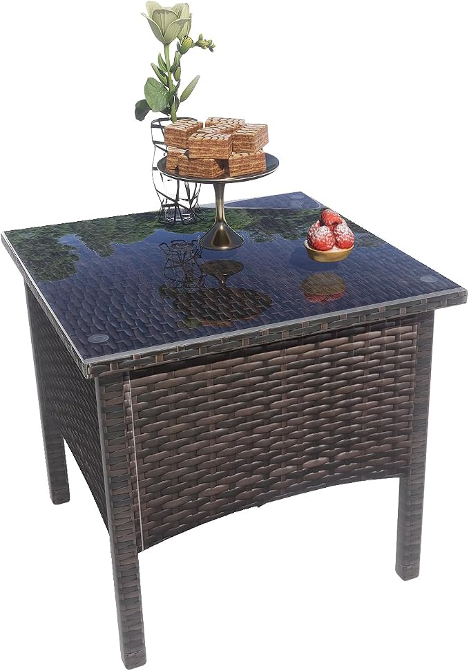 Rattan Side Table,Outdoor Patio Wicker Table,Modern Patio End Side Table with Glass Countertop and Storage Space,for Garden Balcony Porch (Brown2)