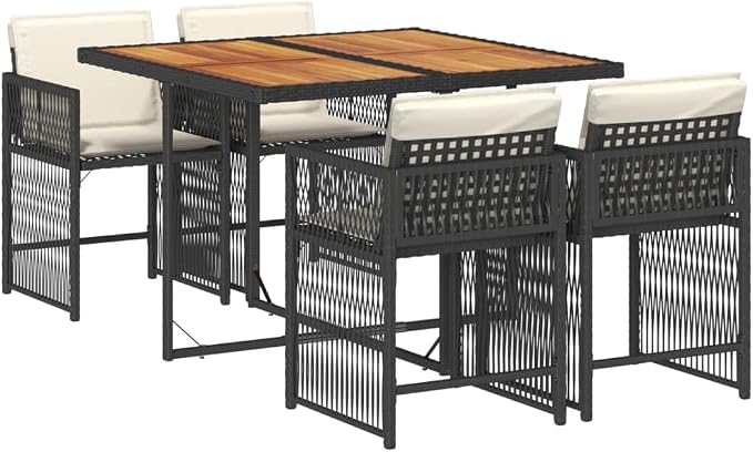 5-Piece Garden Dining Set, Black PE Rattan Patio Furniture Set with Acacia Wood Tabletop, 4 Cushioned Chairs, Foldable Outdoor Table and Chairs for Backyard, Cream