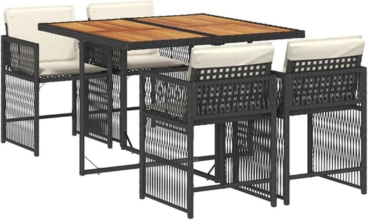 5-Piece Garden Dining Set, Black PE Rattan Patio Furniture Set with Acacia Wood Tabletop, 4 Cushioned Chairs, Foldable Outdoor Table and Chairs for Backyard, Cream