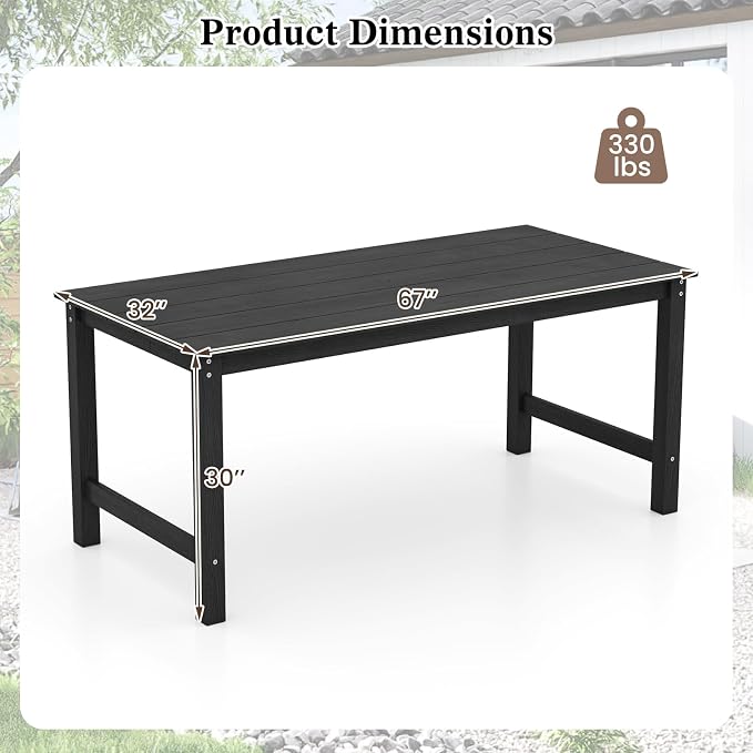 Tangkula HDPE Outdoor Dining Table for 6 Person, 67” Patio Table with Wood-Like Tabletop and Umbrella Hole, Weather-Resistant Rectangle Table for Garden, Backyard and Poolside (Black, 1 Table)