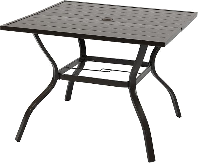 Aoodor Patio Dining Table for 4, 38'' Square Metal Outdoor Patio Table with Umbrella Hole, Outdoor Dining Table for Deck, Yard, Poolside, Porch