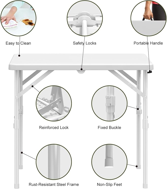 34" Folding Table, Portable Square Folding Card Table, Picnic Tables with Collapsible Legs & Carrying Handle (White, 2 Pack)