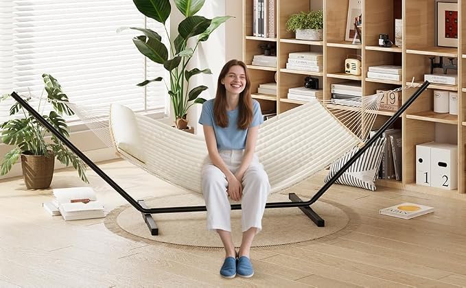 Double Hammock with Stand for Outdoor, Heavy Duty Portable Hammock with Adjustable Steel Stand for Patio, Garden, Beach, Backyard, Off White