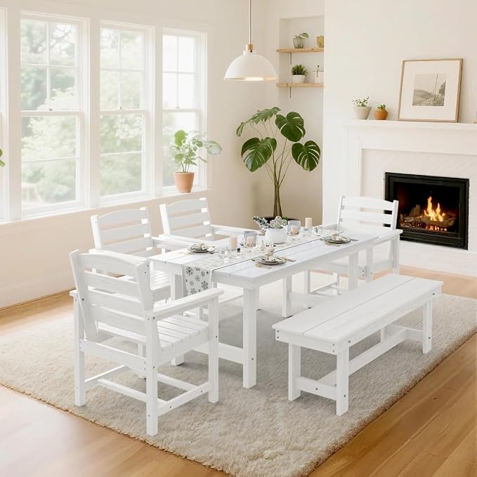 KINGYES 6-Piece Patio Dining Set, HDPE Outdoor Table and Chairs with Bench, White