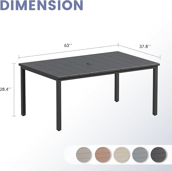 VICLLAX Outdoor Table for 6, Metal Patio Dining Table with Umbrella Hole for Garden Lawn Deck Backyard, Black Tabletop
