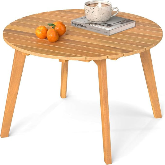 HAPPYGRILL Acacia Wood Patio Bistro Side Table, Outdoor Round End Table with Slatted Tabletop, for Backyard Poolside Garden, 24.5 Inch (1)
