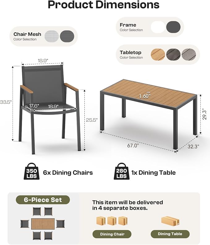 Outdoor Dining Table, Aluminum Patio Table Set, All Weather Patio Dining Furniture Set with Umbrella Hole for Backyard, Deck, Poolside (Gray-Teak)