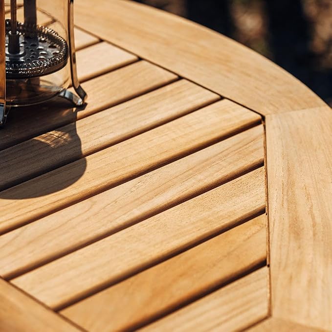 TITAN GREAT OUTDOORS Ash & Ember Luna Grade A Teak Round Dining Table, 35" Teak Wood Table, Weather-Resistant Premium Solid Wood Furniture, Fits Standard Patio Umbrellas, Fits 3 People Comfortably