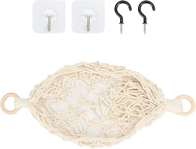 2 Pack Hanging Fruit Hammock Under Cabinet Hanging Basket Includes Hooks - Macrame Bohemian Hanging Banana Vegetable Hammocks Kitchen Storage Counter Space Saving Decoration at Home, Boat, Rv(Style A)