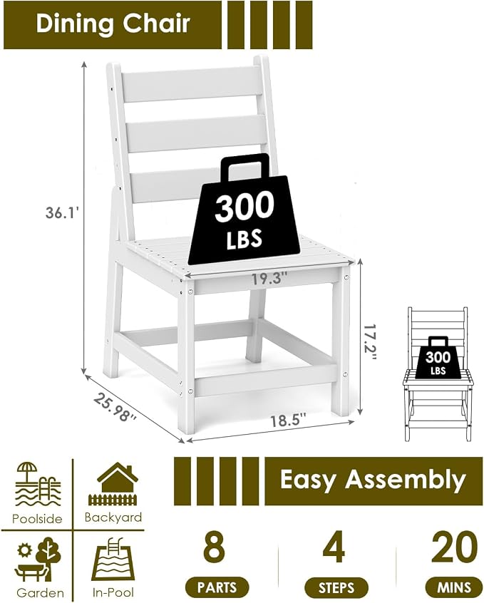 GREENVINES Patio-Chair | Outdoor Dining Chairs Set of 2 | HDPE Plastic | Armless |All Weather | for Backyard Deck Poolside Garden | White