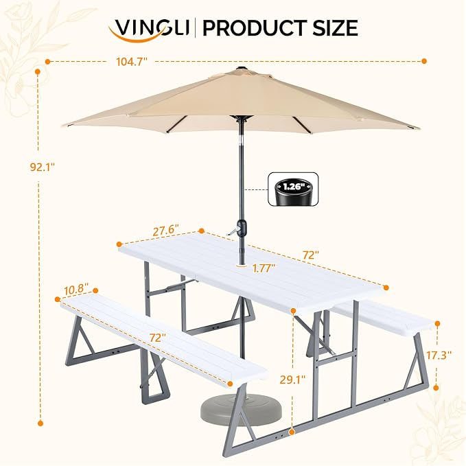 VINGLI Outdoor Picnic Table with 9 ft Umbrella, Wood Grain HDPE Top with Metal Frame Plastic Picnic Table for Dining Party Garden (White Table, Khaki Umbrella)