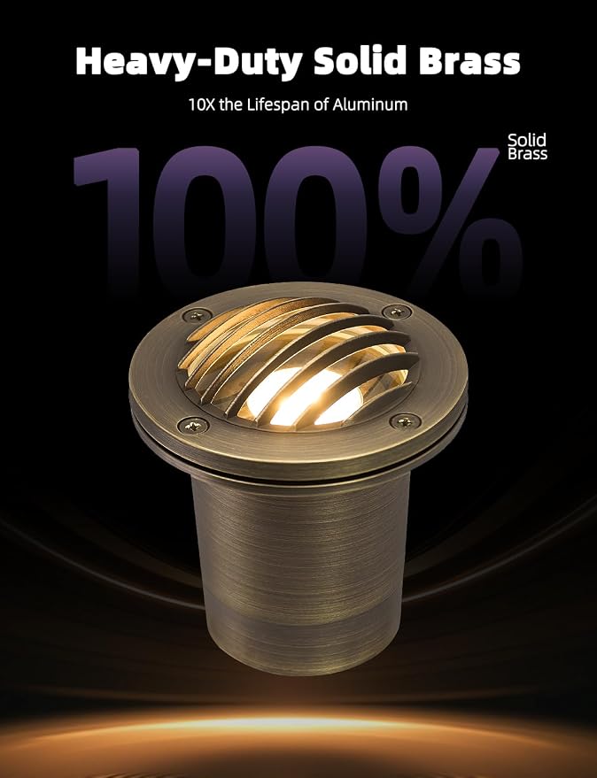 MALORY Brass Landscape Well Lights,(φ99 mm) 12V Low Voltage Outdoor In Ground Lights, Landscape Lighting with 7W 540LM MR16 for Pathway, Driveway (Full Brass -01B, 10-Pack with Bulb)