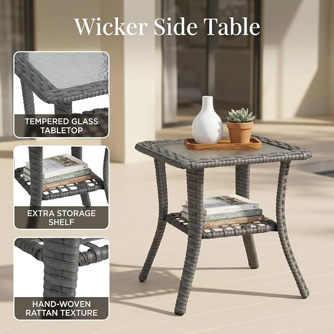 Patio Wicker Side Table - Rattan End Table with Glass Top for Outdoor Patio, Porch, Deck, Square ，Grey Wicker