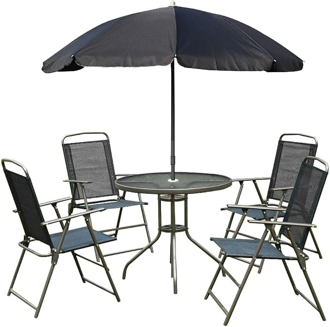 6 Piece Patio Dining Set for 4 with Umbrella, Outdoor Table and Chairs with 4 Folding Dining Chairs & Round Glass Table for Garden, Backyard and Poolside, Black