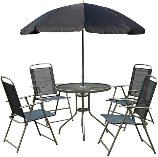 6 Piece Patio Dining Set for 4 with Umbrella, Outdoor Table and Chairs with 4 Folding Dining Chairs & Round Glass Table for Garden, Backyard and Poolside, Black