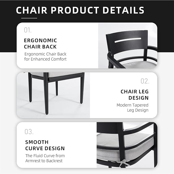 Modern Outdoor Dining Chairs Patio Aluminum Stationary Chair 4PCS with Outdoor-Grade Sunbrella Fabric Cushions, Tapered Feet, Ember Black