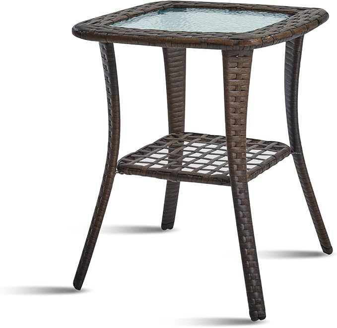 HILLGA Outdoor Patio Side Table with Spacious Nested Tempered Glass Tabletop and Storage Shelf (Brown)