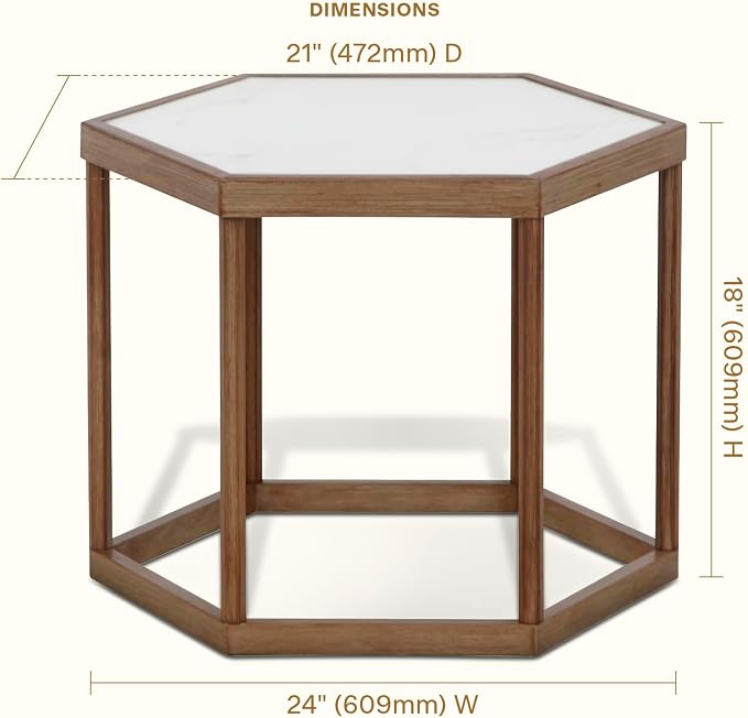 Honeycomb Indoor/Outdoor Omni Table: Weather, Rust, Heat, and Stain Resistant, Flexible Design to Stand Alone or be Combined, Stylish Yet Sturdy, White Tile Top, Steel Frame with Oak Finish