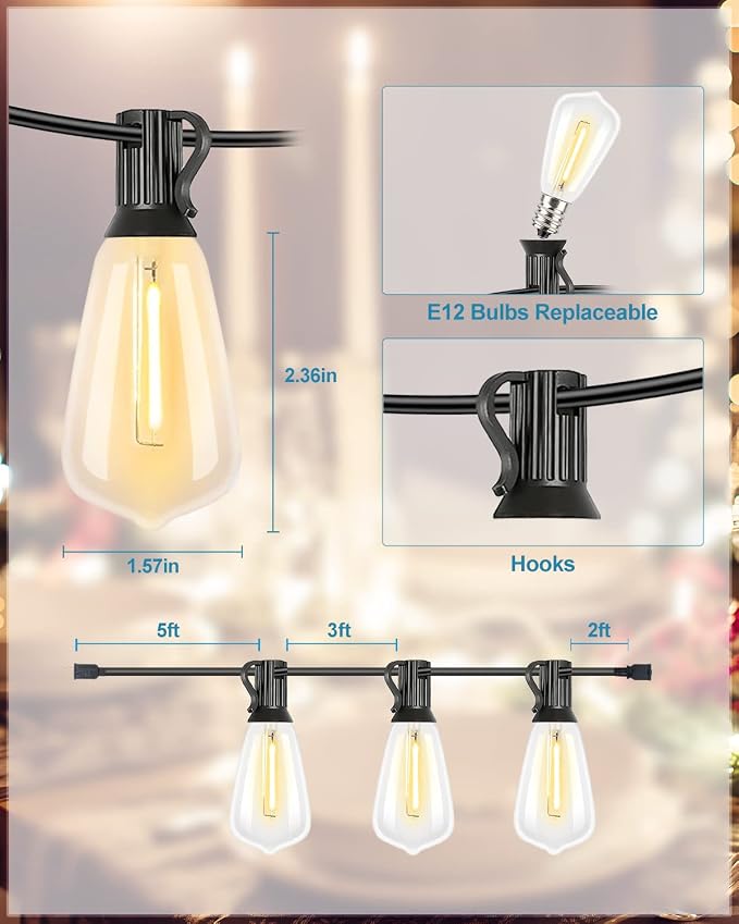 Lightdot 200FT Outdoor String Lights, LED Bistro String Lights with Shatterproof ST38 Vintage Bulbs, 2200K Dimmable, Waterproof Hanging Lights for Porch, Deck, Garden, Backyard, Balcony - ETL Listed