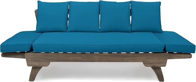 Merax Outdoor Patio Daybed Sofa,3-Seat Sofa with Foldable Arm 4 Back Pillows,Teak Acacia Wood Frame Beige Removable Cushion,Grey+Teal