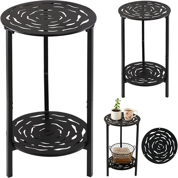 2 Packs Two-tier Metal Round Side Table Black Accent Coffee Tables Small Space Corner Plant Stand Shelf for Indoor Outdoor Use Patio Balcony End Table Laser-Cut Floral Pattern Weather-Resistant