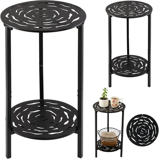 2 Packs Two-tier Metal Round Side Table Black Accent Coffee Tables Small Space Corner Plant Stand Shelf for Indoor Outdoor Use Patio Balcony End Table Laser-Cut Floral Pattern Weather-Resistant