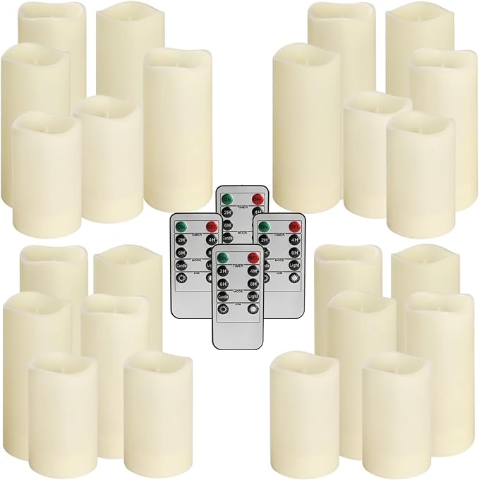 YOROXRG Set of 24 Waterproof Outdoor Flameless Candles, LED Candles with 4 Remote and Timer,(H 4" 5" 6" x D 2.2"),for Christmas,Halloween,Wedding,Festival