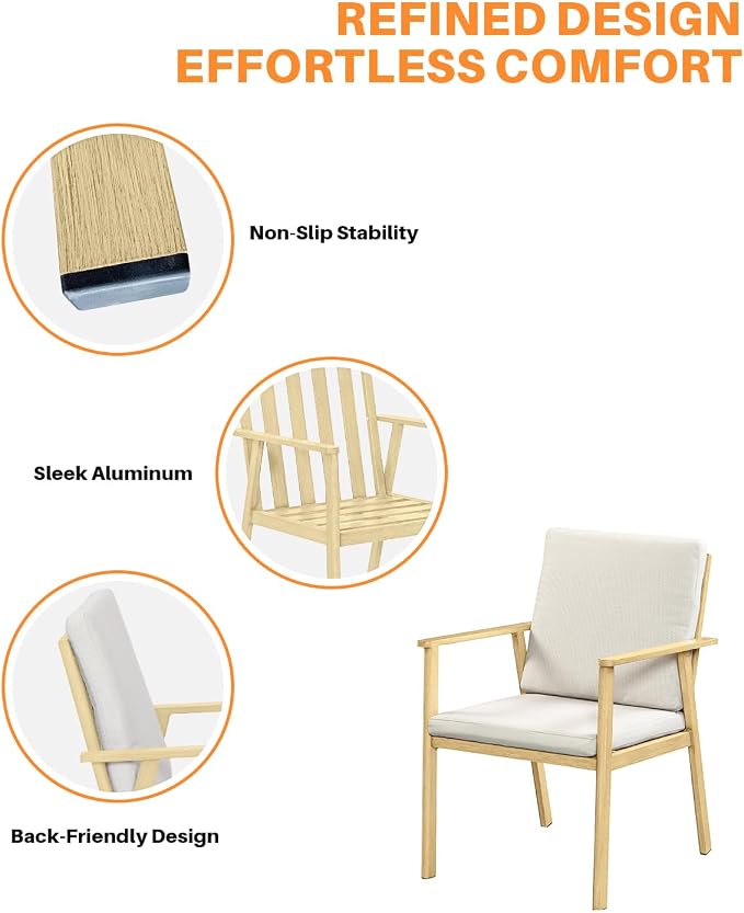 Never-Rust Outdoor Patio Dining Chairs, 4 Pieces Outdoor Aluminum Dining Chairs with Thickened Cushions, Patio Dining Furniture Chairs Set for Garden, Decks, Porch, Pool, Maple Wood
