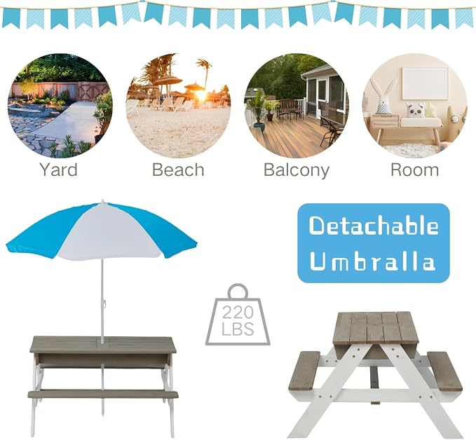 Kids Outdoor Picnic Table with Sand and Water Play, Wooden Activity Table with Umbrella for Backyard Patio Fun