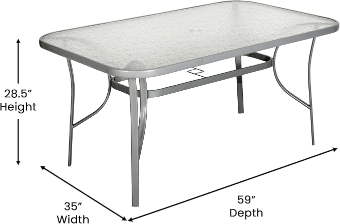 Flash Furniture Tory Rectangle Patio Table with Umbrella Hole, Commercial All-Weather Table with Heat Resistant Tempered Glass, Steel Tube Frame, 35x 59, Silver