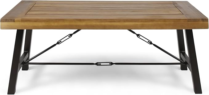 roomfitters Outdoor Acacia Wood Coffee Table, Teak Finish with Rustic Metal Legs, Perfect for Patio, Garden, or Deck, Weather-Resistant and Durable, Brown and Black