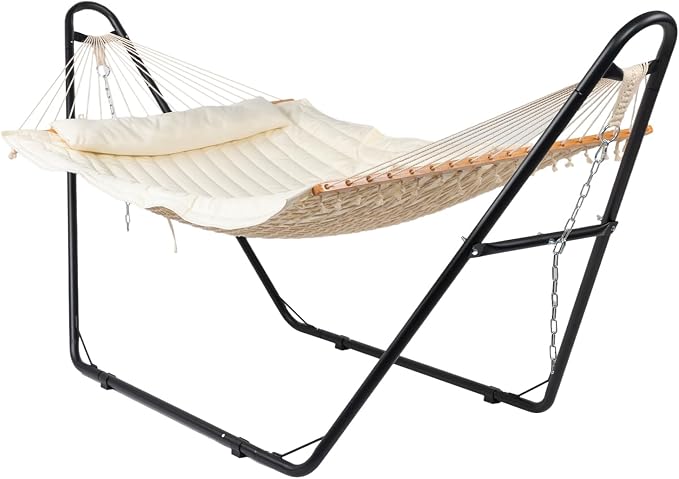 Hammock Chair with Stand, Double-Barrel Hammock with Hammock Bed, Heavy Duty Adjustable Hammock Set for Outdoors, Patio, Yard, Garden, Beige