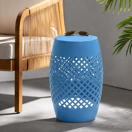12" Outdoor Side Table, Decorative Cutout Metal Round Side Table, Multi Functional - Coffee Table, Night Stand, Plant Stand for Patio, Garden, Backyard, Gazebo Indoor (Blue)