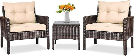 Tangkula 3 Piece Outdoor Patio Furniture Set for 2, Wicker Chairs with Glass Top Coffee Table, Thick Cushions, All Weather Garden Lawn Poolside Backyard Porch (Brown)