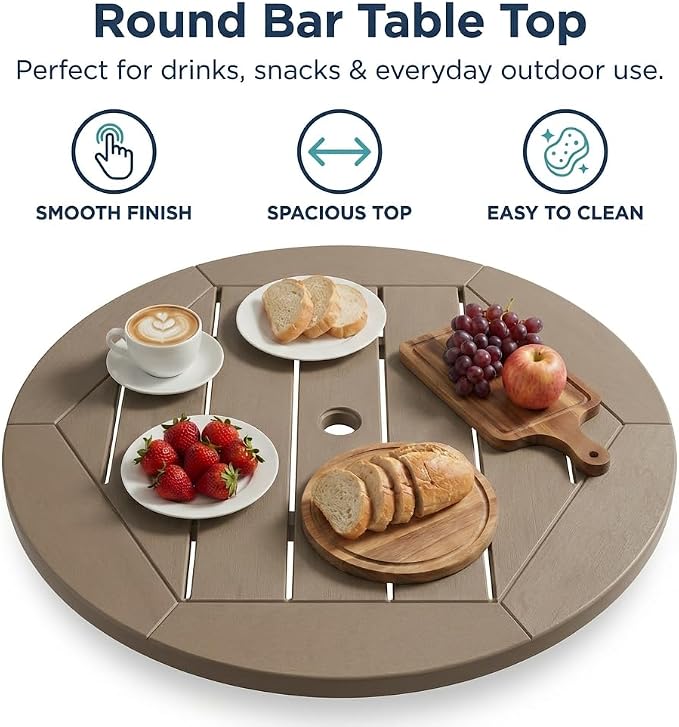 3-Piece HDPE Bar Height Table and Chairs Set, 31.1" Square High Top Pub Table with Umbrella Hole, 2 Adirondack Charis with Cup Holders, Outdoor Patio Dining Set for Bistro Backyard Deck Natural