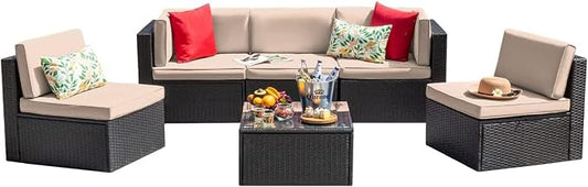 6-Piece Outdoor Patio Furniture Set with Manual Weaving Rattan Sectional Sofa, Glass Coffee Table, Cushions Included, Wicker Patio Conversation Set for Garden, Backyard, Porch Lounge Areas(Beige)