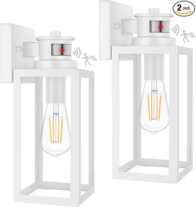 2-Pack Motion Sensor Outdoor Wall Lantern, Dusk to Dawn Exterior Light Fixtures Wall Mount, White Outside Light for House, Waterproof Outside Lantern Sconces, Anti-Rust Porch Lighting with Clear Glass