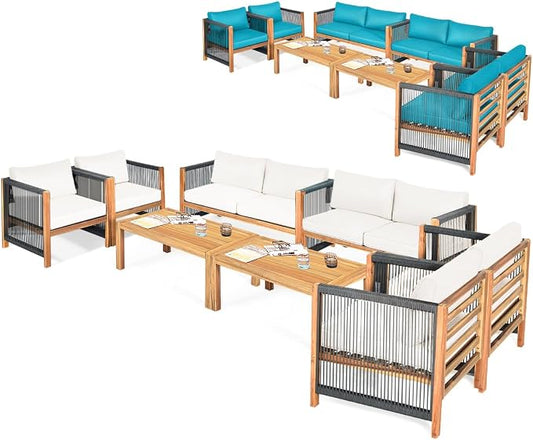 Tangkula Outdoor Wood Furniture Set with 2 Set Cushion Covers, 8 Pieces Cushioned Patio Conversation Set, for Garden Balcony Poolside Outdoor Living (2, WH-TU)