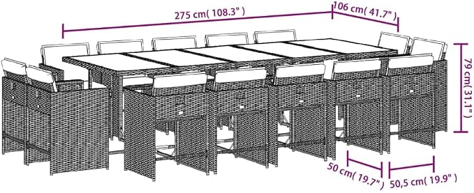 15 Piece Patio Dining Set with Cushions Brown Poly Rattan Outdoor Garden Furniture Table and 14 Folding Chairs Tempered Glass Tabletop Removable Washable Covers UV Proof for Backyard Lawn Deck
