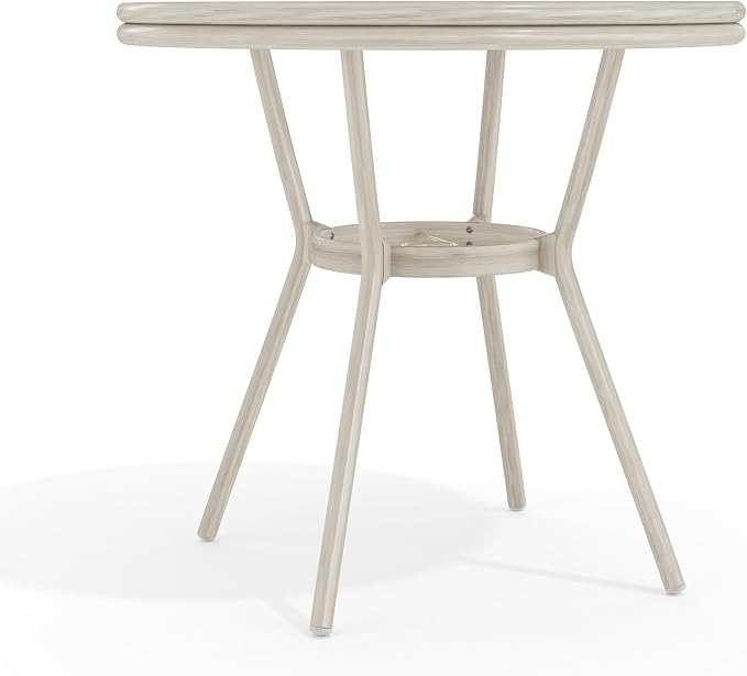 Martha Stewart Lily Pond 31” Round Indoor-Outdoor Bistro Dining Table with Aluminum Frame in Gray Woodgrain and Rattan Top in White/Gray with Tempered Glass Top