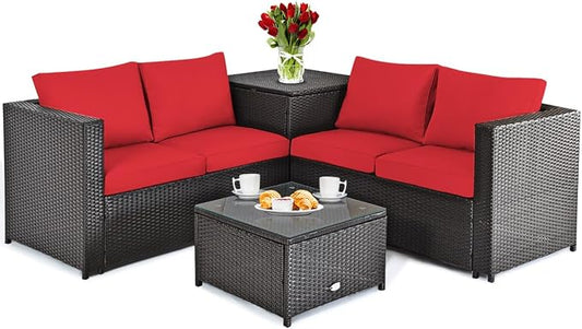 DORTALA 4-Piece Outdoor Patio Furniture Set, Weather Resistant PE Rattan Conversation Set with 2 Loveseats, Outdoor Sectional Sofa Set with Comfy Cushions for Garden and Poolside, Red