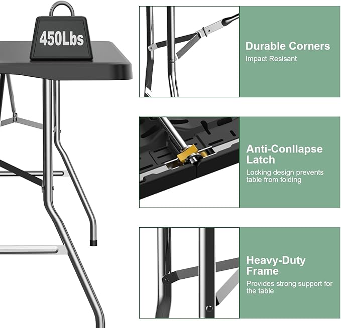 6FT Folding Tables – Heavy Duty Portable Foldable Picnic Table with Built-in Handle, 450 lb Capacity – Ideal for Events, Parties, Crafts, Camping & Dining (10-Pack, Black)
