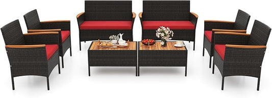 Tangkula 8 Pieces Patio Wicker Sofa Set, 2 Rattan Chairs & Loveseat w/Coffee Table, Acacia Wood Armrests & Tabletop, Outdoor Cushioned Conversation Set for Backyard, Poolside (Red, 8 Pieces)