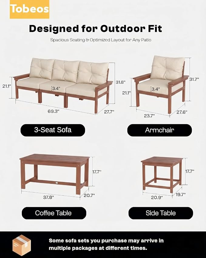 HDPE 7 Piece Patio Furniture Set, All-Weather Outdoor Couch Set with Thick Cushions & Coffee Table & Side Table, Patio Conversation Sets for Lawn, Garden, Porch, Balcony, Deck, Teak & Beige