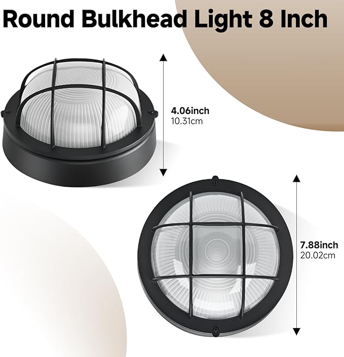 8"Outdoor Bulkhead Light, Black Round Exterior Bulkhead Wall Light Fixture, Nautical Bulkhead Sconce lighting, Waterproof Sauna Light, Wall/Ceiling Flush Mount, Aluminum & Glass, E26 60W, 2 Pack