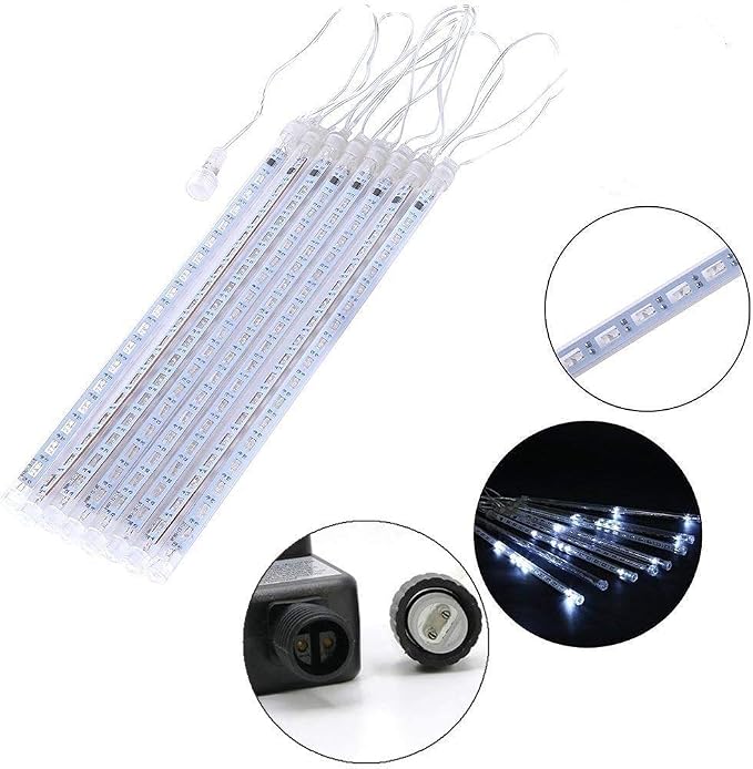 Weepong Christmas Lights Outdoor UL Certified Meteor Shower Lights 12 Inch 8 Tubes 192 LED Falling Rain Drop Icicle Snow Cascading Light for Xmas Tree Wedding Party Garden Decoration, White