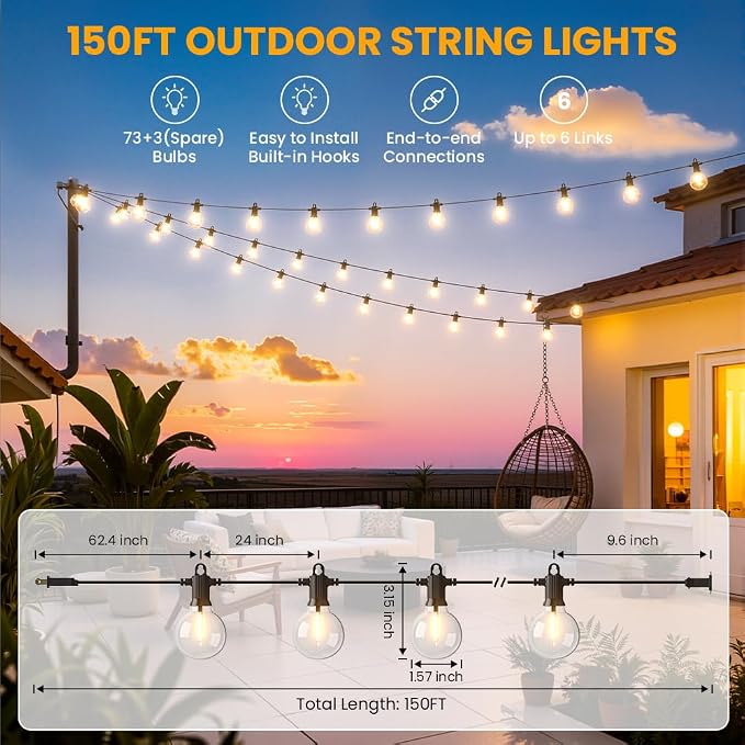 LED Outdoor String Lights, 150FT Patio Lights Outdoor Waterproof with 73+3 Shatterproof G40 Edison Globe Bulbs, 2700K Warm White Hanging Light, Dimmable Light for Outside Backyard Garden Bistro Porch